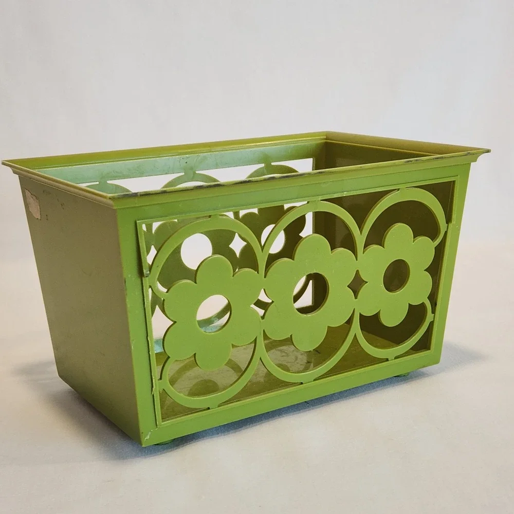 Vintage Lime Green Retro Floral Cutout Napkin Holder‎ Plastic Storage Basket MCM